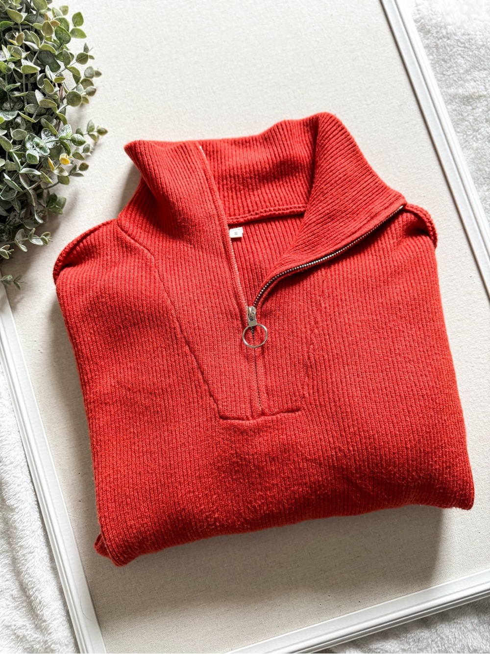 Boutique Red Orange Quarter Zip Sweater Ribbed Knit Pullover Cozy Size S